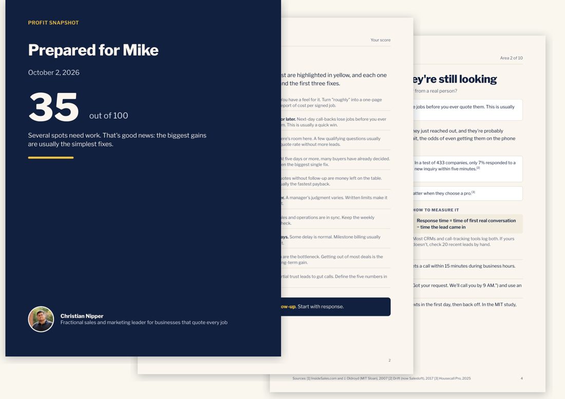 Sample Profit Snapshot report: a cover with a score of 35 out of 100, the score page and a page on one weak area